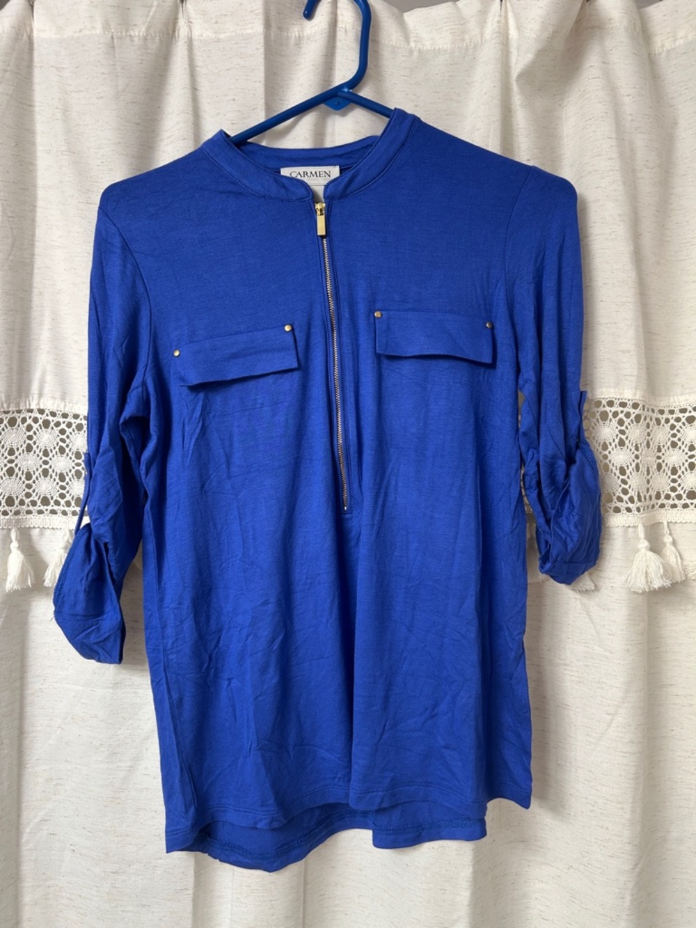 Carmen Marc Valvo Cobalt Blue Zip-Front Utility Tee